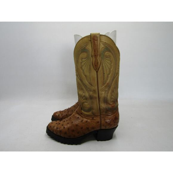 Larry Mahan Mens Size 8.5 EE Tan Leather Brown Ostrich Combat Sole Cowboy Boots